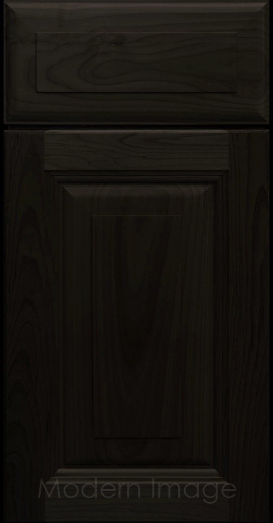 Durango raised panel cabinet door in a Onyx stain featuring a stepped molded frame.
